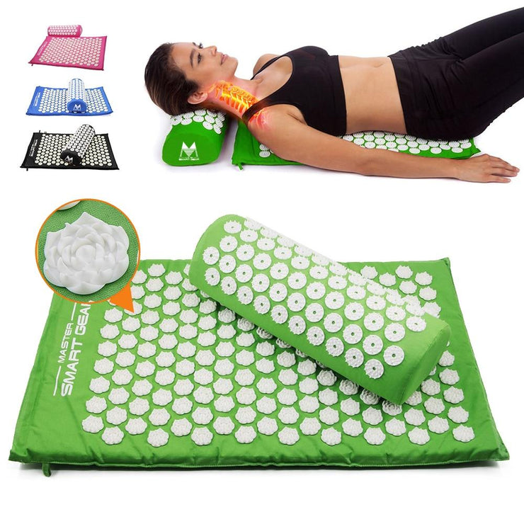 Yoga Lotus Spike Acupressure Mat Pillow Set Back Body Massager Acupuncture Cushion Mat Relieve Stress Tension Pain w/ Carry Bag